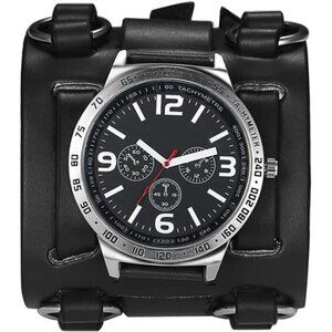 Mens Retro Steampunk Rock Black Wide Leather Bracelet Cuff Watches Big Face